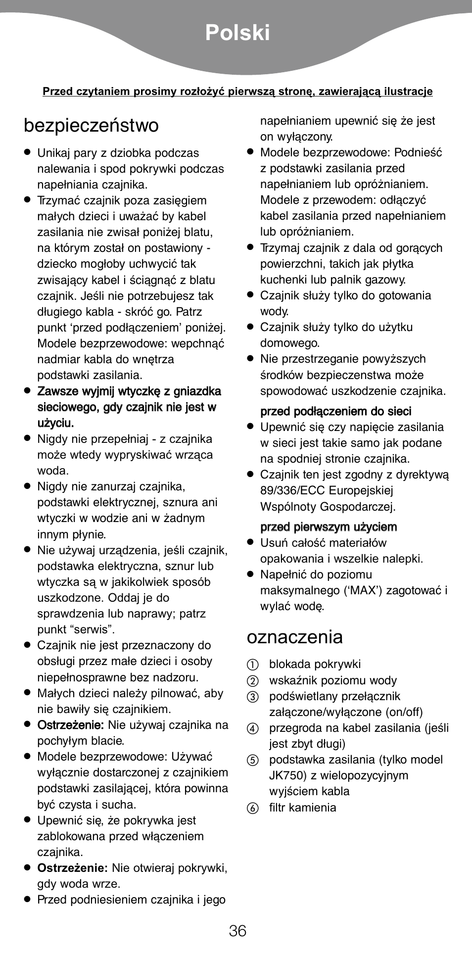 Polski, Bezpieczeństwo, Oznaczenia | Kenwood JK630 User Manual | Page 39 / 49