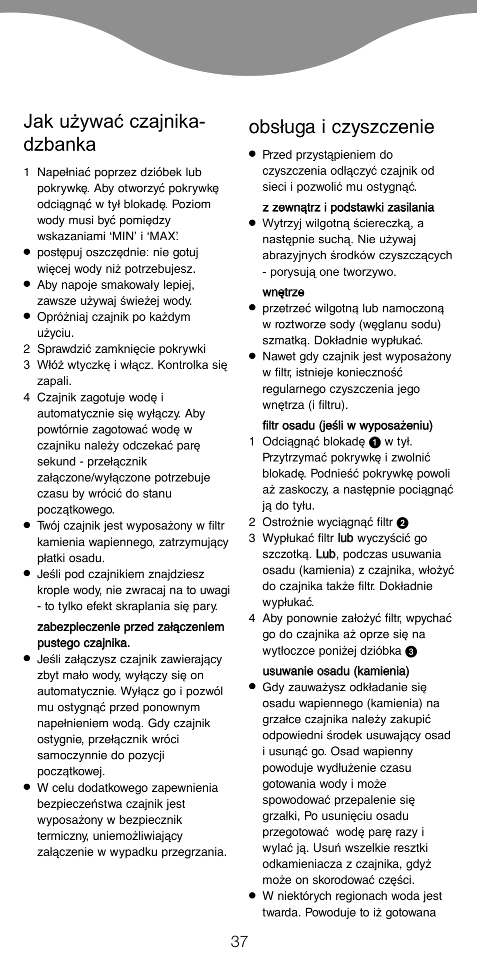 Jak u¯ywaç czajnika- dzbanka, Obsługa i czyszczenie | Kenwood JK630 User Manual | Page 40 / 49