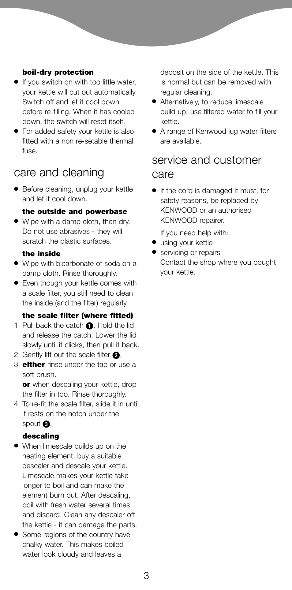 Care and cleaning, Service and customer care | Kenwood JK630 User Manual | Page 6 / 49