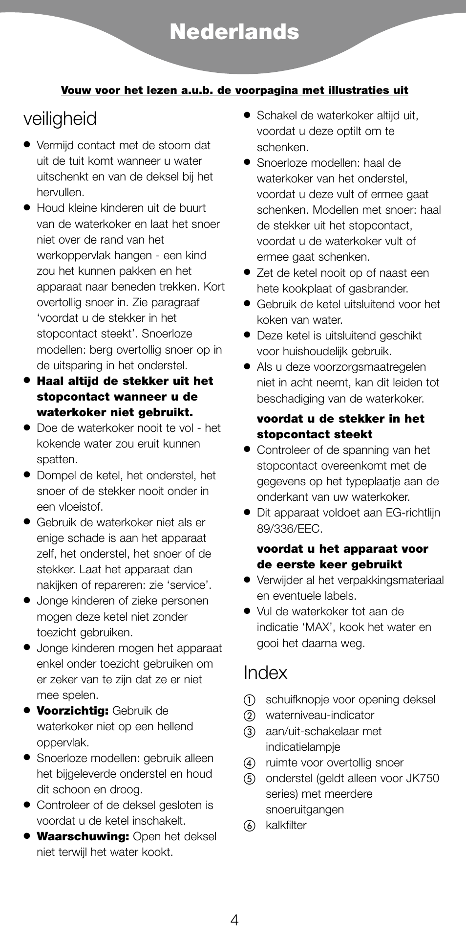 Nederlands, Veiligheid, Index | Kenwood JK630 User Manual | Page 7 / 49