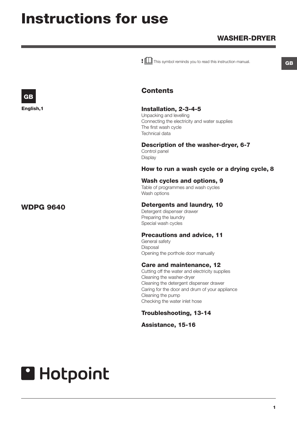 Hotpoint WASHER-DRYER WDPG User Manual | 16 pages
