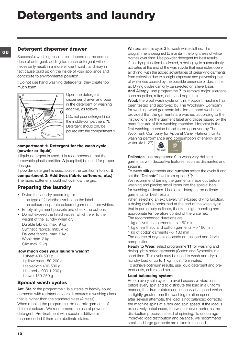 Detergents and laundry | Hotpoint WASHER-DRYER WDPG User Manual | Page 10 / 16
