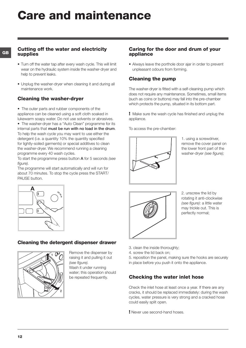 Care and maintenance | Hotpoint WASHER-DRYER WDPG User Manual | Page 12 / 16