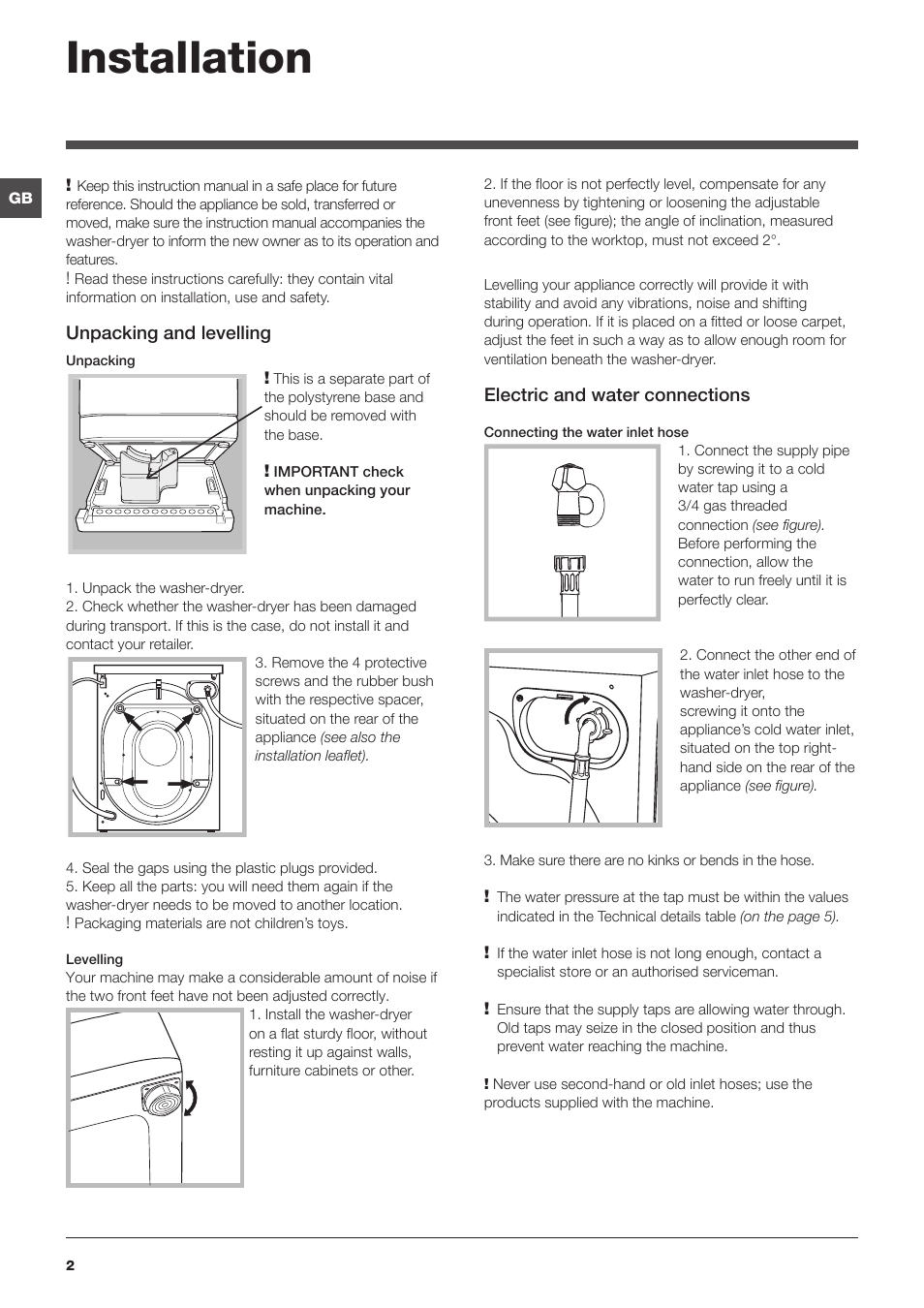 Installation | Hotpoint WASHER-DRYER WDPG User Manual | Page 2 / 16