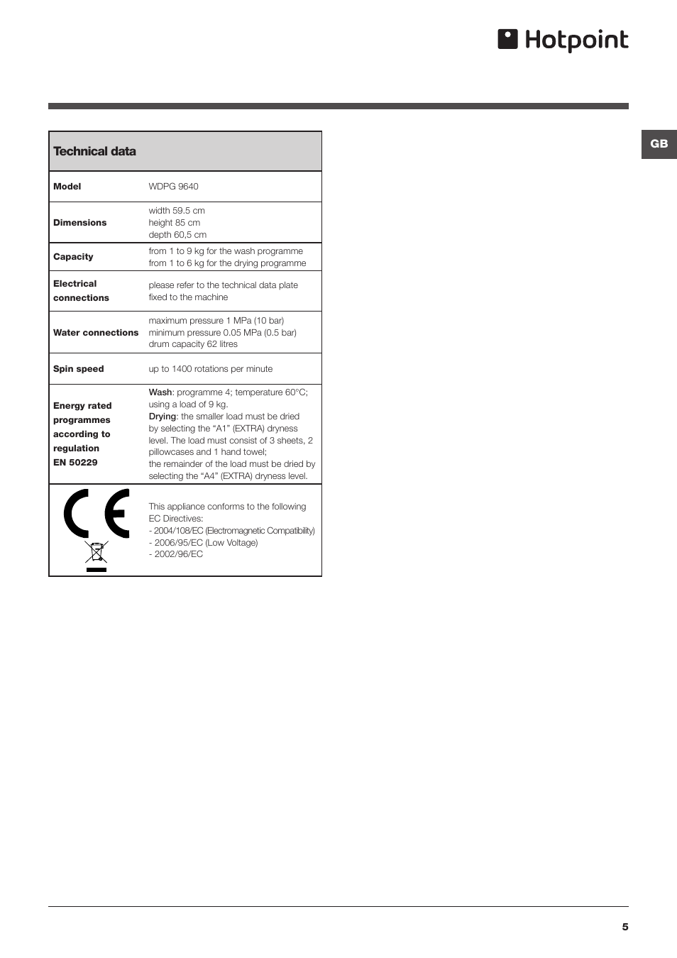 Technical data | Hotpoint WASHER-DRYER WDPG User Manual | Page 5 / 16