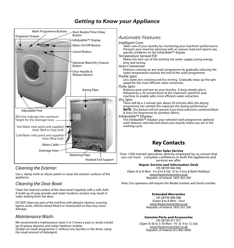 Getting to know your appliance, Key contacts, Automatic features | Cleaning the exterior, Maintenance wash, Cleaning the door bowl | Hotpoint WD72 User Manual | Page 11 / 12