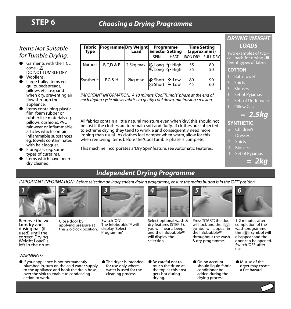 Step 6, Drying weight loads, Items not suitable for tumble drying | Hotpoint WD72 User Manual | Page 7 / 12