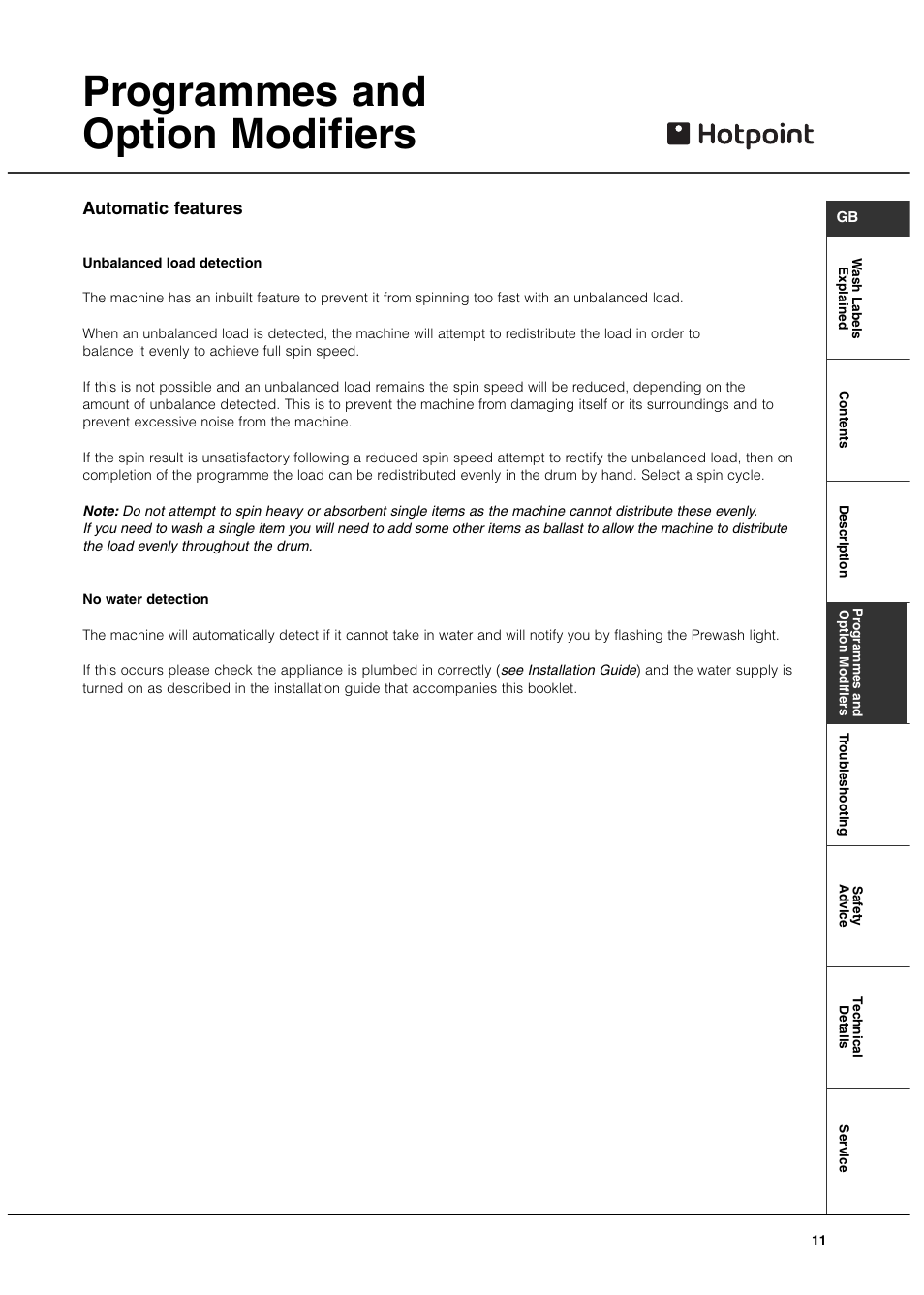 Programmes and option modifiers, Automatic features | Hotpoint Aquarius User Manual | Page 11 / 16