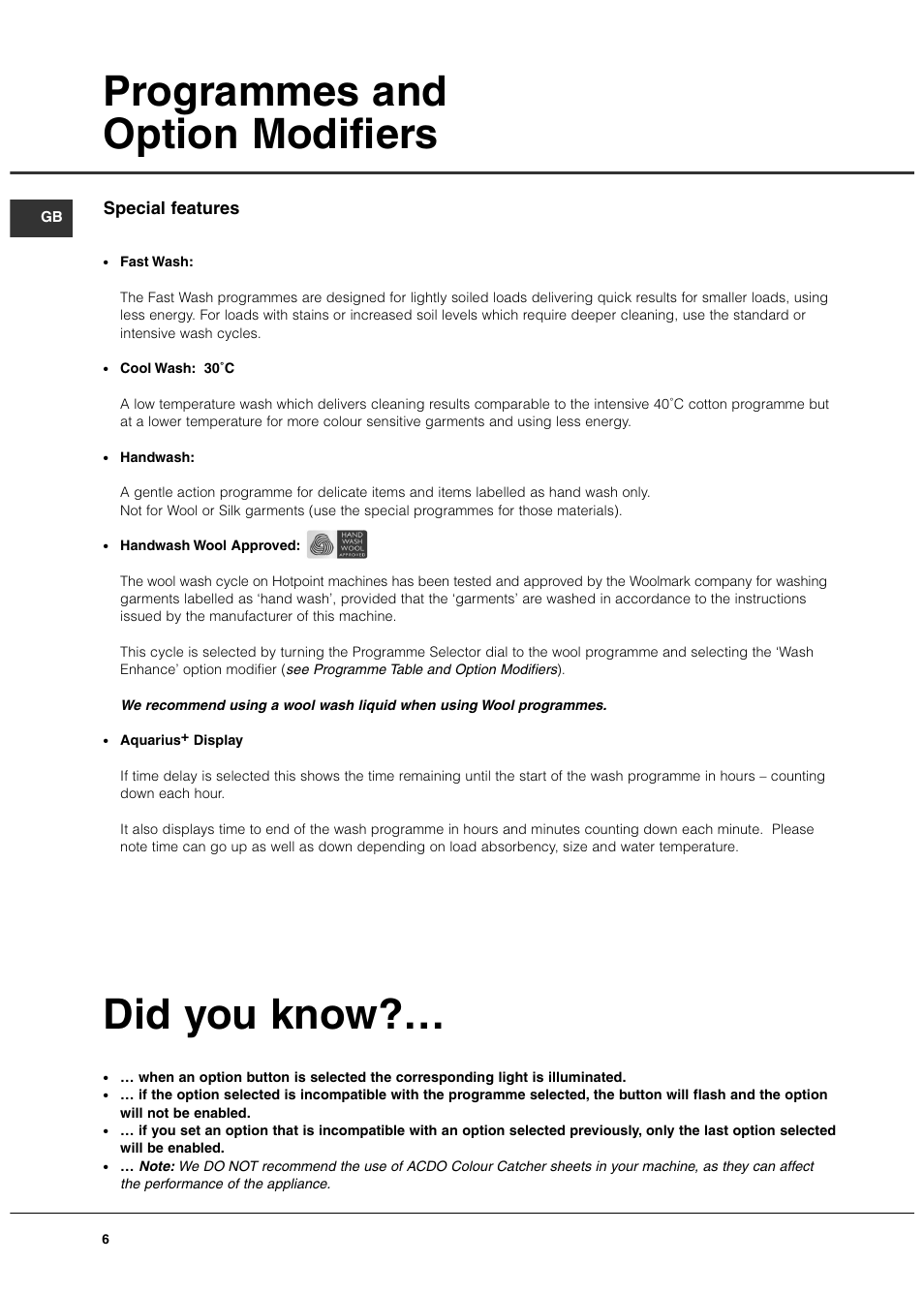 Programmes and option modifiers, Did you know, Special features | Hotpoint Aquarius User Manual | Page 6 / 16