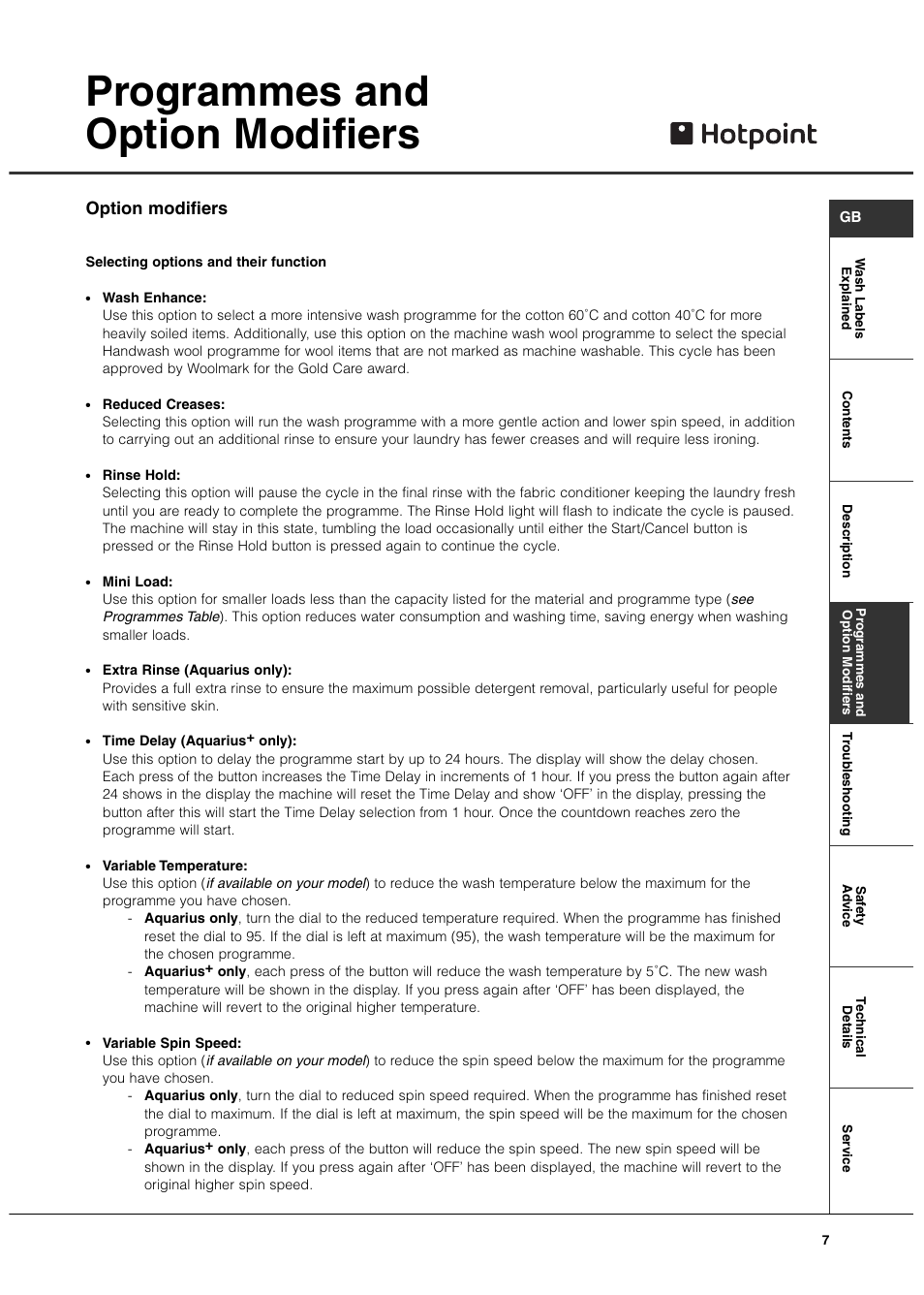 Programmes and option modifiers, Option modifiers | Hotpoint Aquarius User Manual | Page 7 / 16