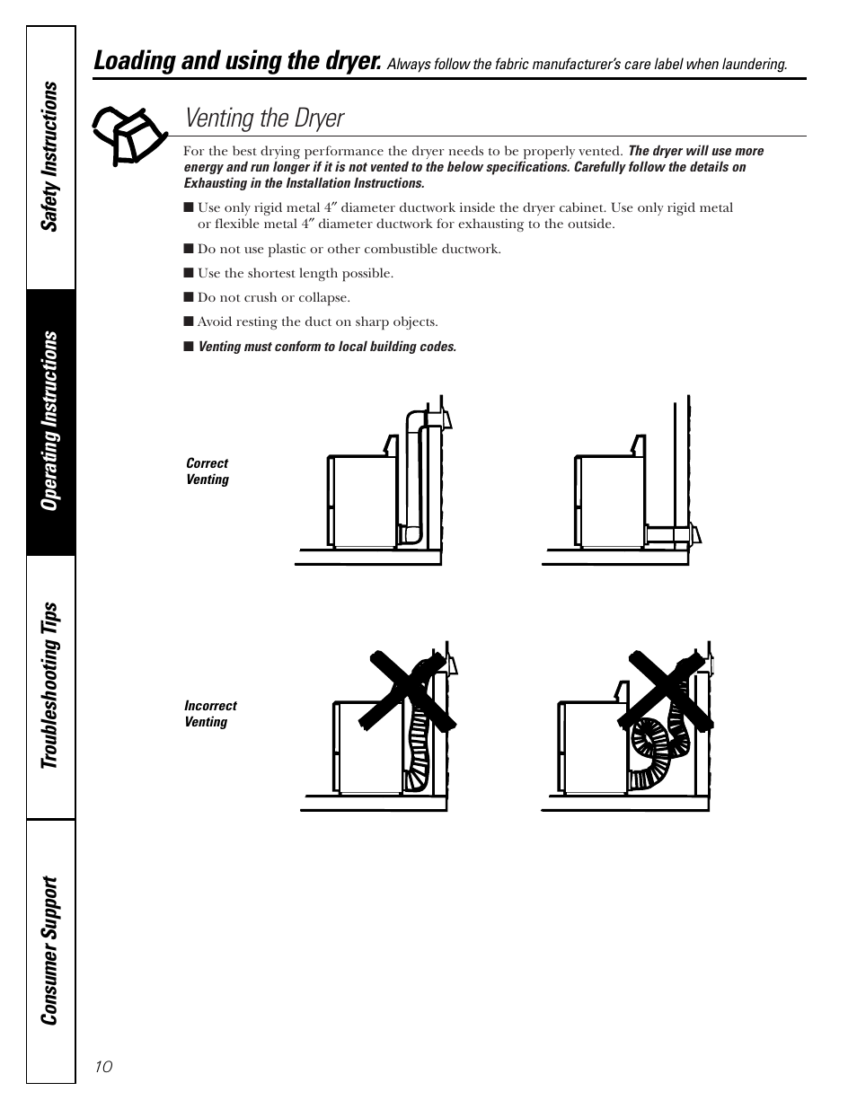 Venting the dryer, Loading and using the dryer | Hotpoint NBXR463 User Manual | Page 10 / 16