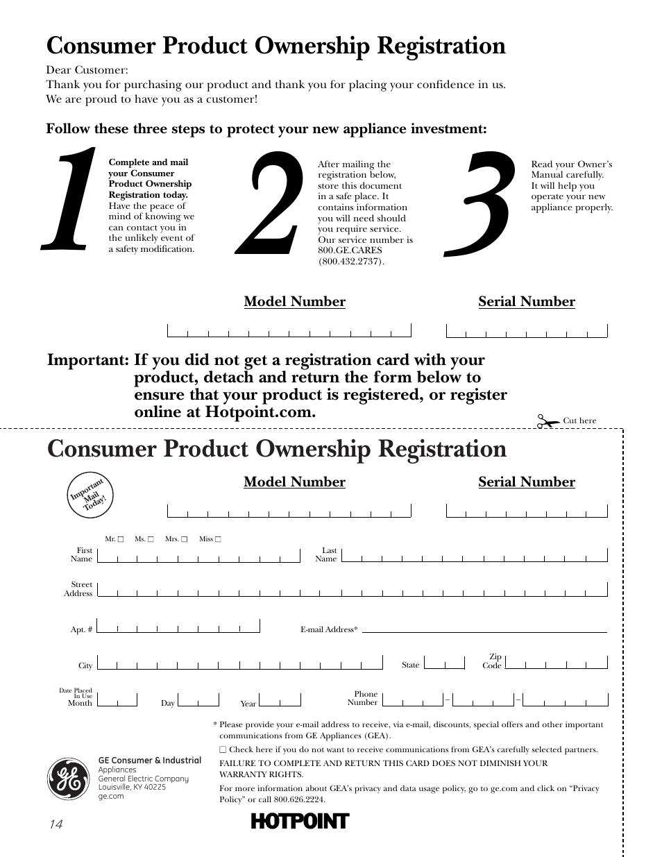 Consumer product ownership registration, Model number serial number | Hotpoint NBXR463 User Manual | Page 14 / 16