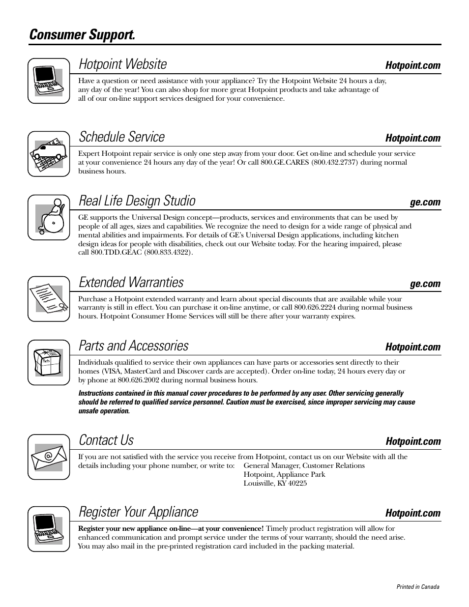 Consumer support, Consumer support . . . . . back cover, Consumer support. hotpoint website | Schedule service, Real life design studio, Extended warranties, Parts and accessories, Contact us, Register your appliance | Hotpoint NBXR463 User Manual | Page 16 / 16