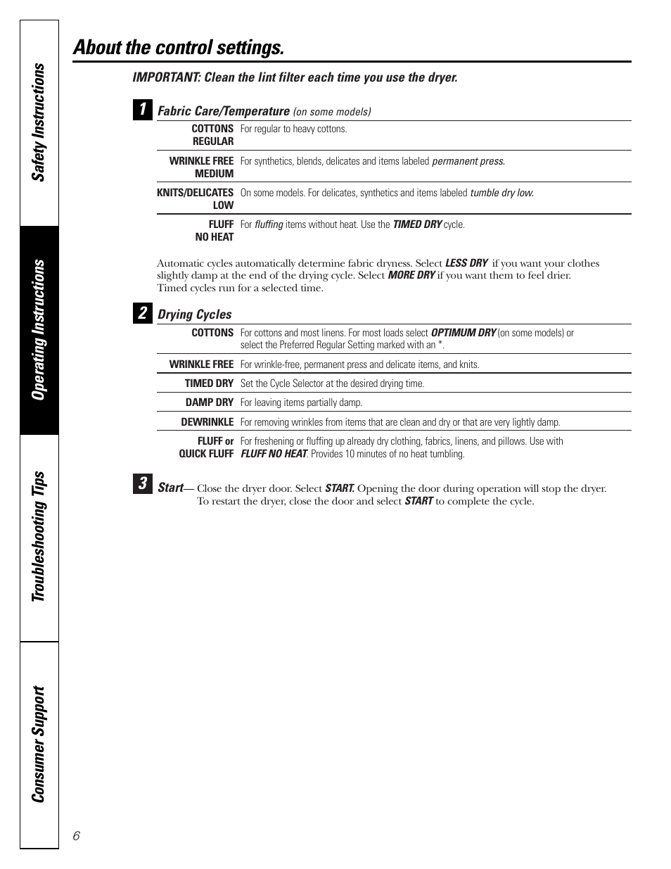 Control settings, About the control settings | Hotpoint NBXR463 User Manual | Page 6 / 16