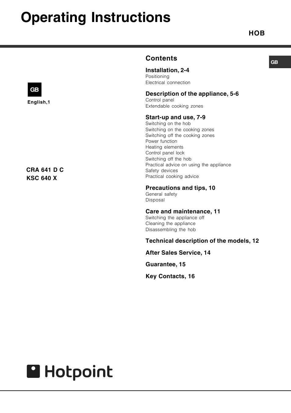 Hotpoint CRA User Manual | 16 pages