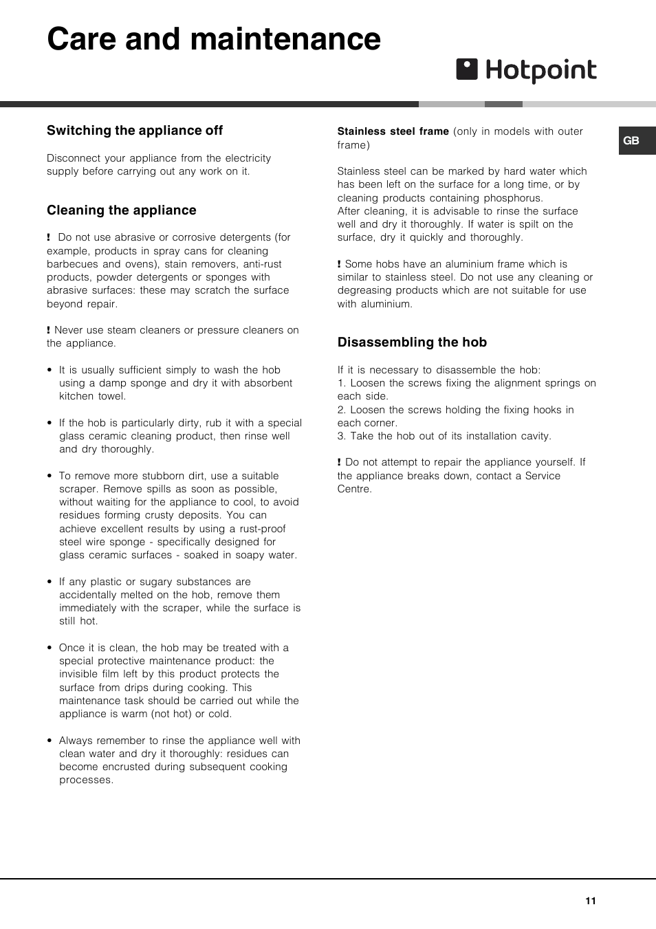 Care and maintenance | Hotpoint CRA User Manual | Page 11 / 16