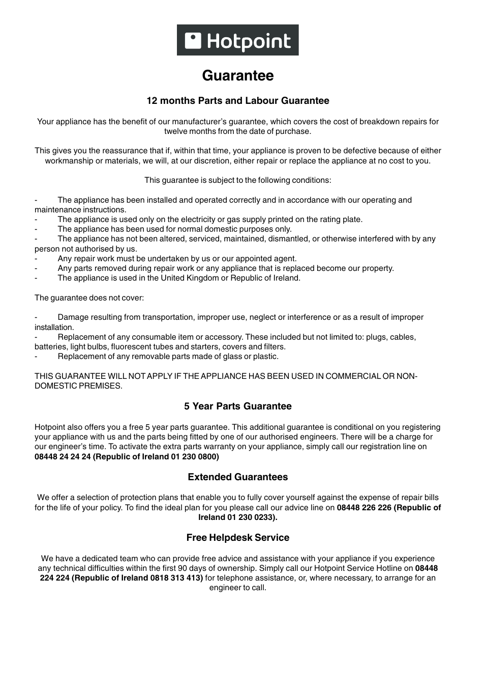 Guarantee | Hotpoint CRA User Manual | Page 13 / 16