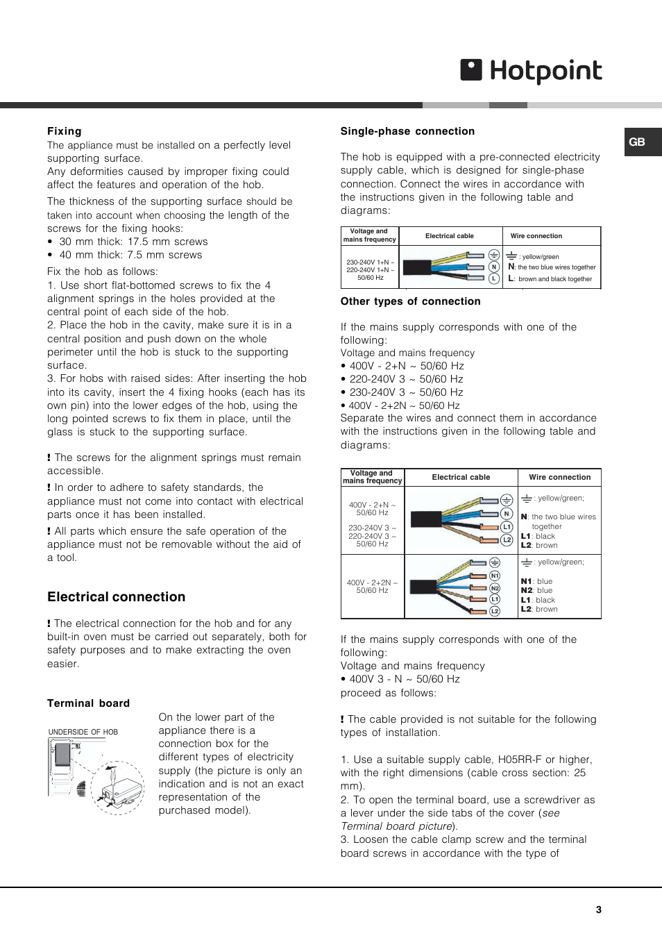 Electrical connection | Hotpoint CRA User Manual | Page 3 / 16