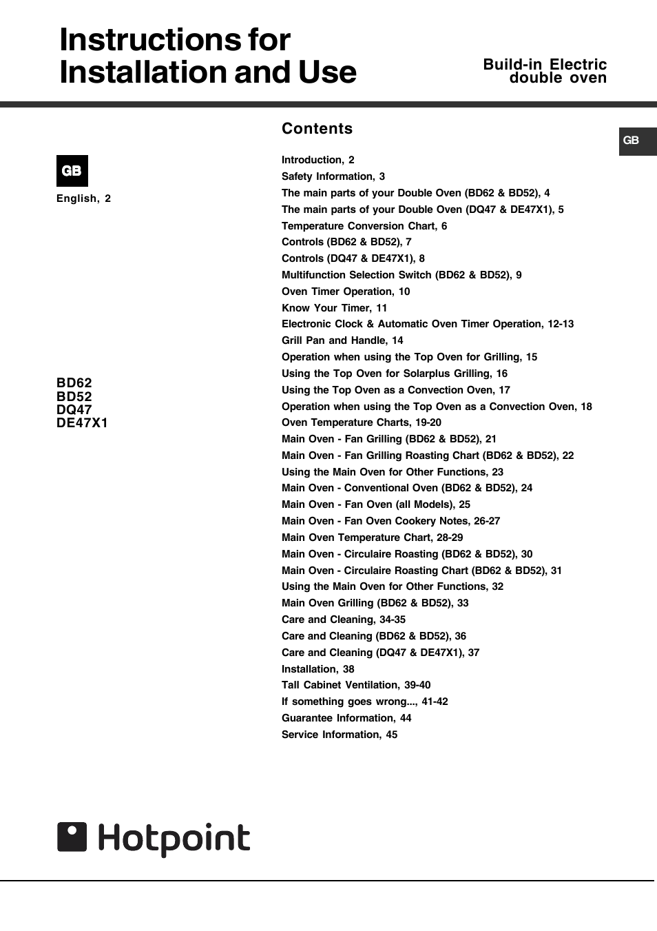 Hotpoint DE47X1 User Manual | 48 pages