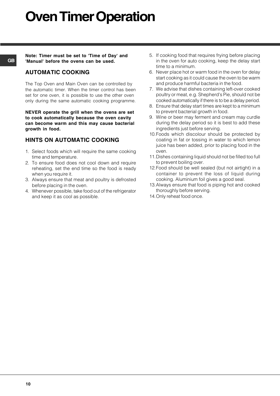 Oven timer operation | Hotpoint DE47X1 User Manual | Page 10 / 48