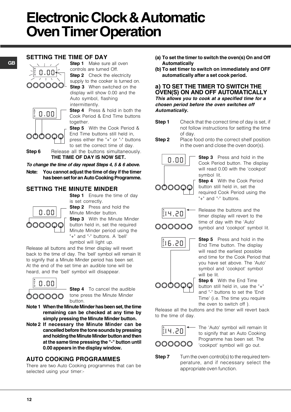 Electronic clock & automatic oven timer operation | Hotpoint DE47X1 User Manual | Page 12 / 48