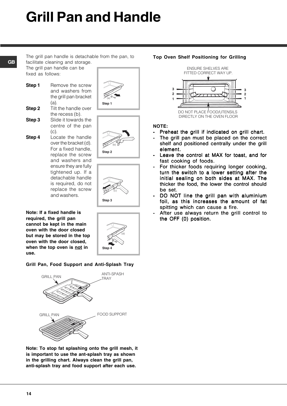 Grill pan and handle | Hotpoint DE47X1 User Manual | Page 14 / 48