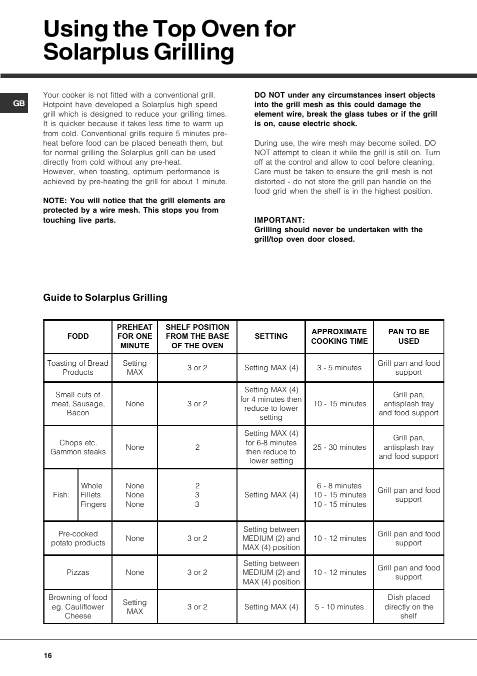 Using the top oven for solarplus grilling | Hotpoint DE47X1 User Manual | Page 16 / 48