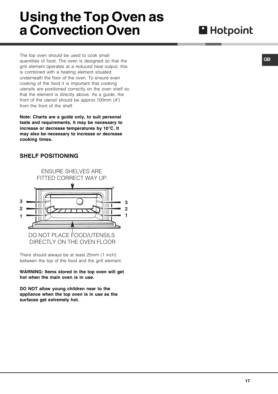 Using the top oven as a convection oven | Hotpoint DE47X1 User Manual | Page 17 / 48