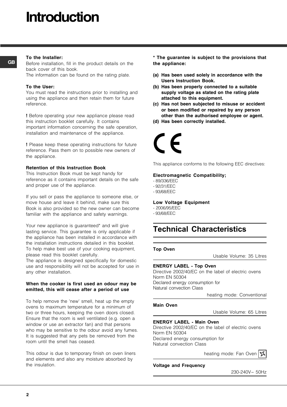 Introduction, Technical characteristics | Hotpoint DE47X1 User Manual | Page 2 / 48
