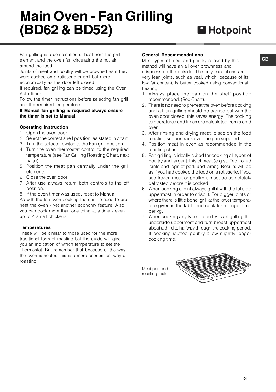 Main oven - fan grilling (bd62 & bd52) | Hotpoint DE47X1 User Manual | Page 21 / 48