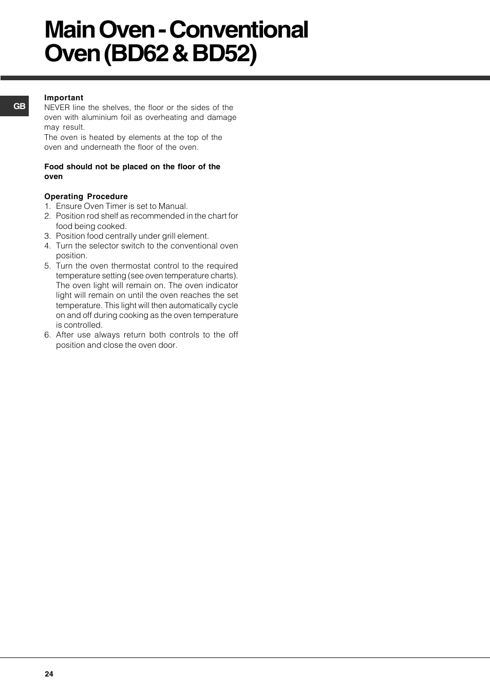 Main oven - conventional oven (bd62 & bd52) | Hotpoint DE47X1 User Manual | Page 24 / 48