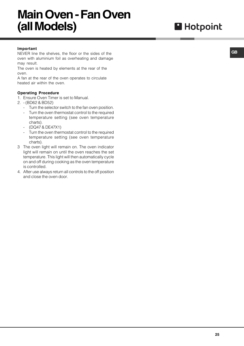 Main oven - fan oven (all models) | Hotpoint DE47X1 User Manual | Page 25 / 48