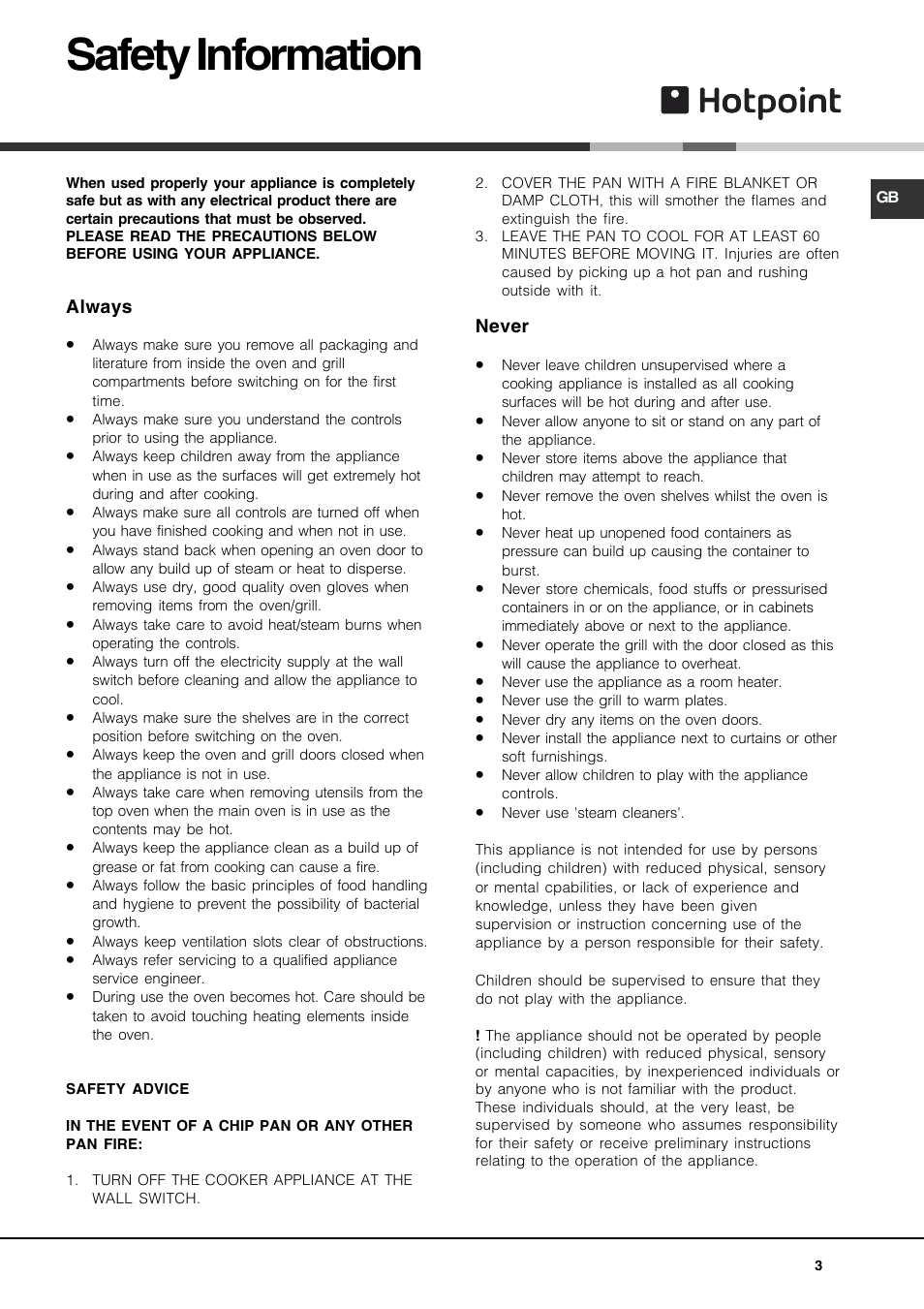 Safety information | Hotpoint DE47X1 User Manual | Page 3 / 48