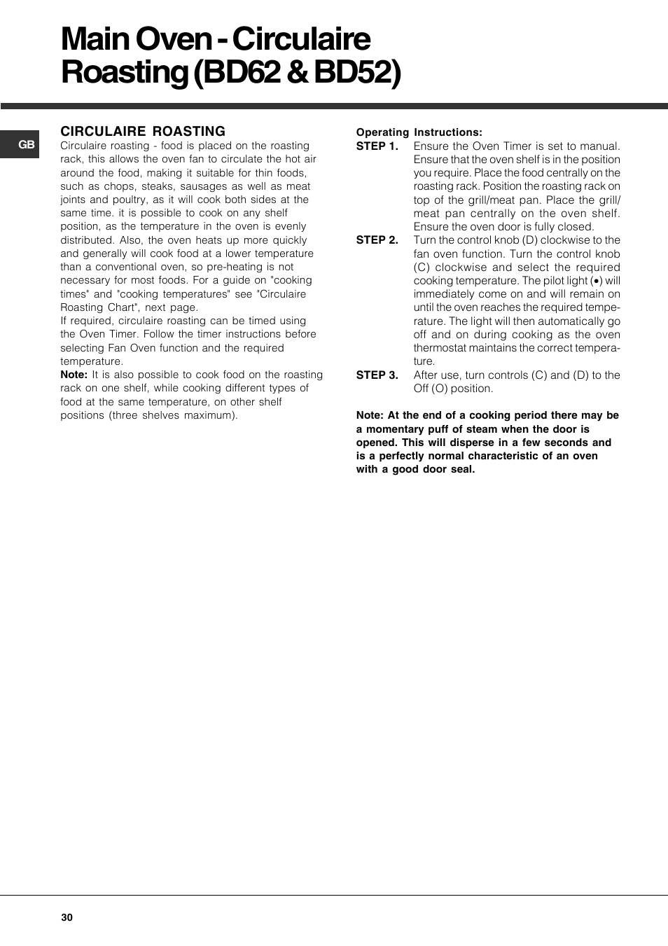 Main oven - circulaire roasting (bd62 & bd52) | Hotpoint DE47X1 User Manual | Page 30 / 48