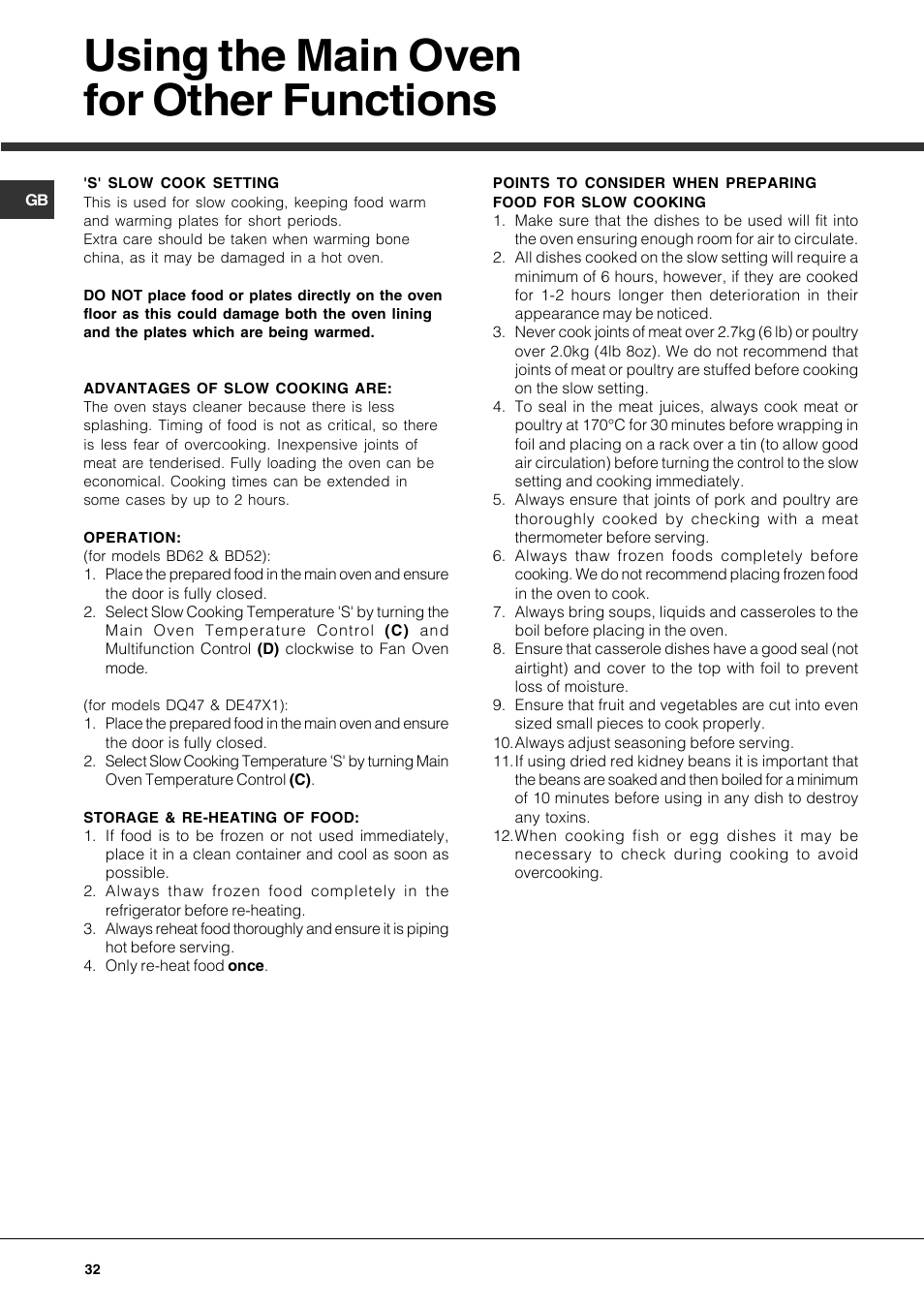 Using the main oven for other functions | Hotpoint DE47X1 User Manual | Page 32 / 48
