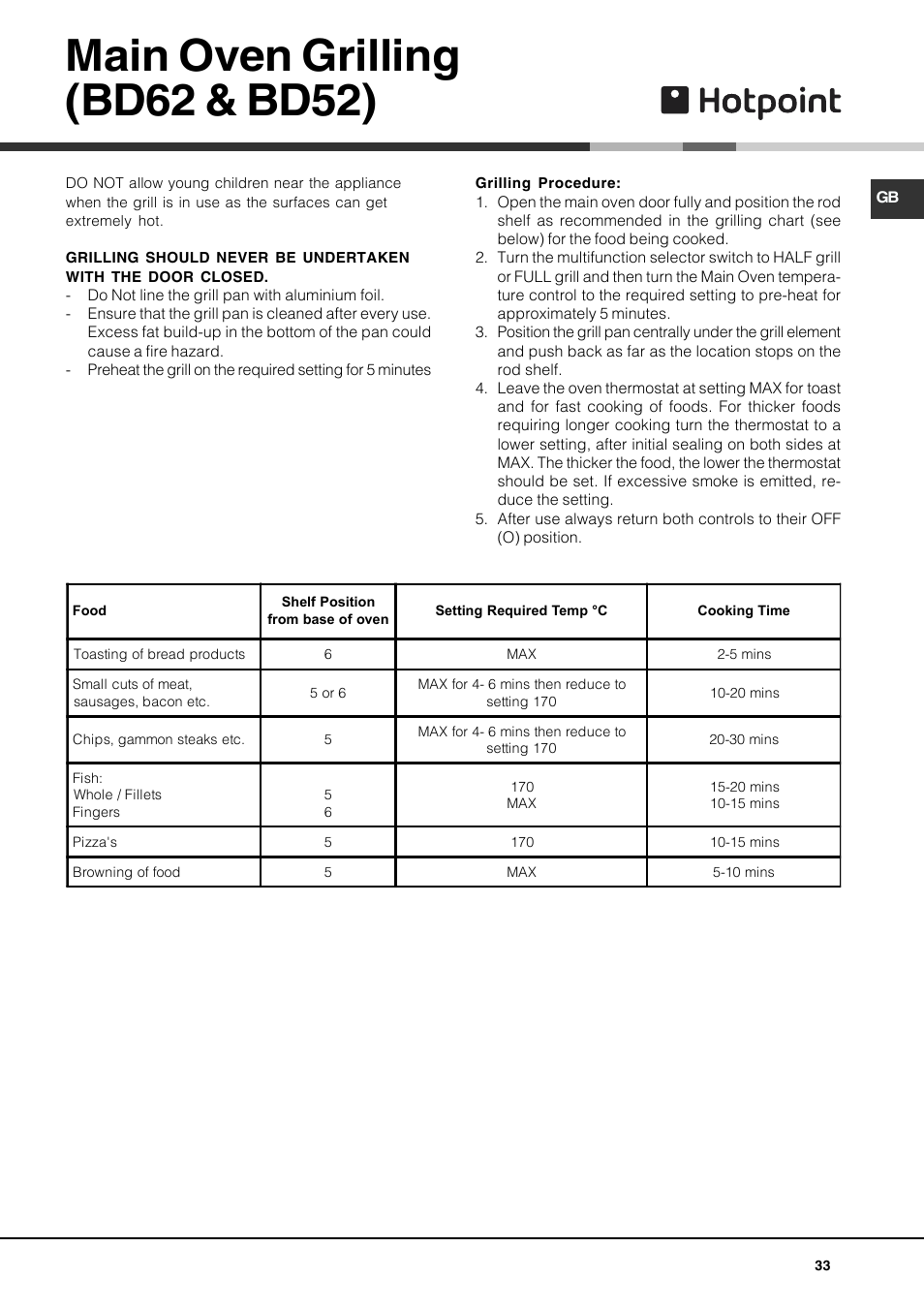 Main oven grilling (bd62 & bd52) | Hotpoint DE47X1 User Manual | Page 33 / 48