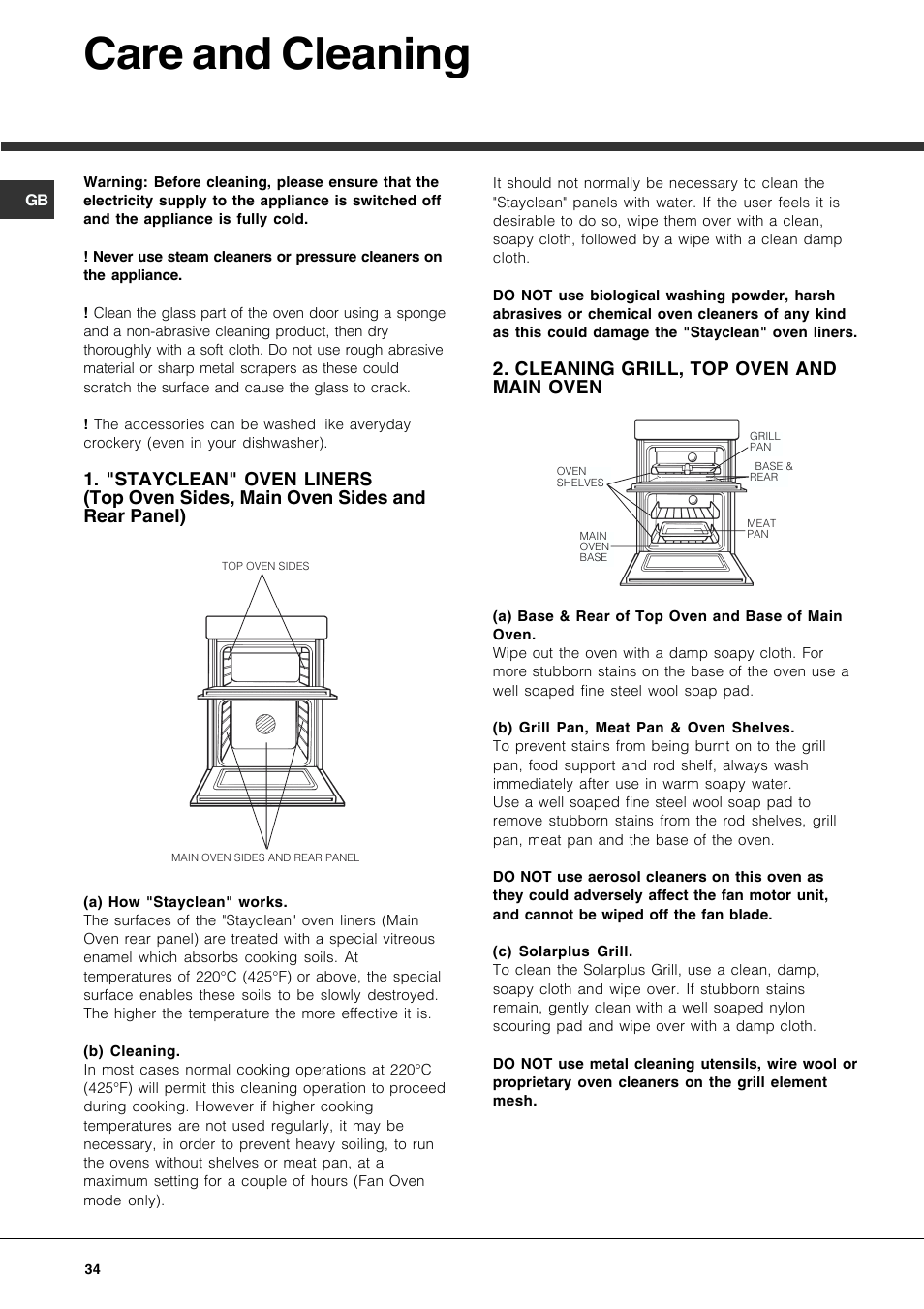 Care and cleaning | Hotpoint DE47X1 User Manual | Page 34 / 48