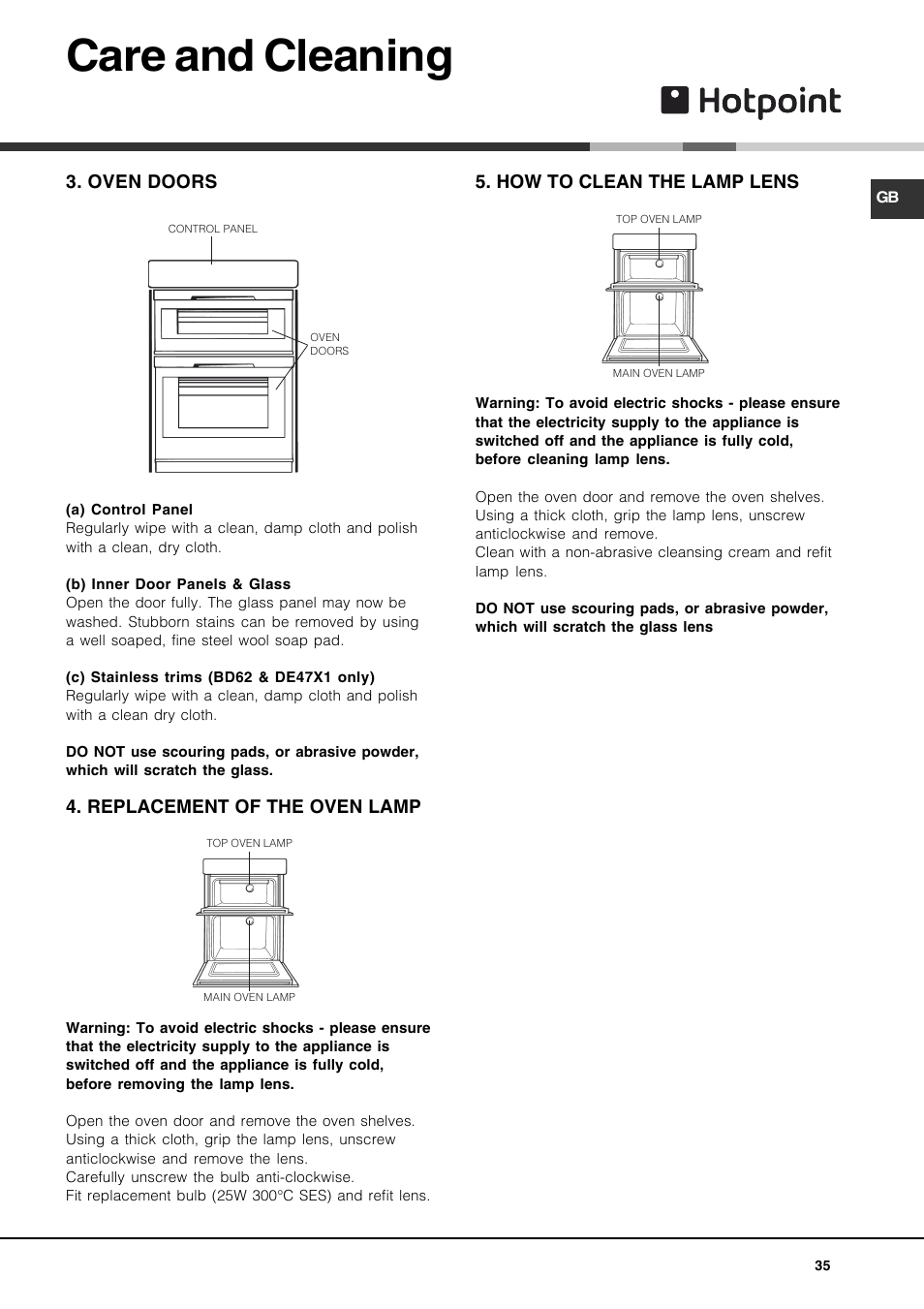 Care and cleaning | Hotpoint DE47X1 User Manual | Page 35 / 48