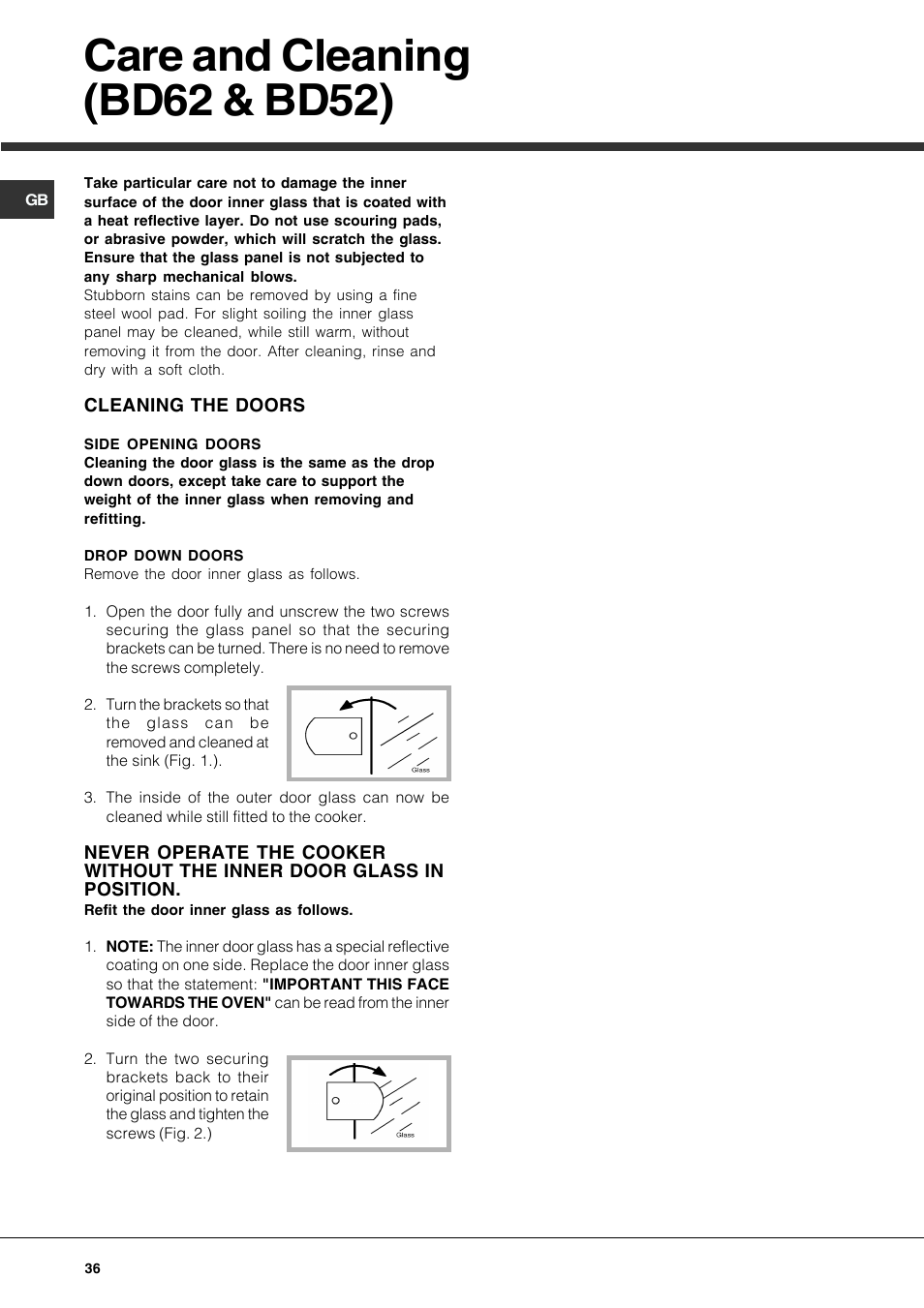 Care and cleaning (bd62 & bd52) | Hotpoint DE47X1 User Manual | Page 36 / 48