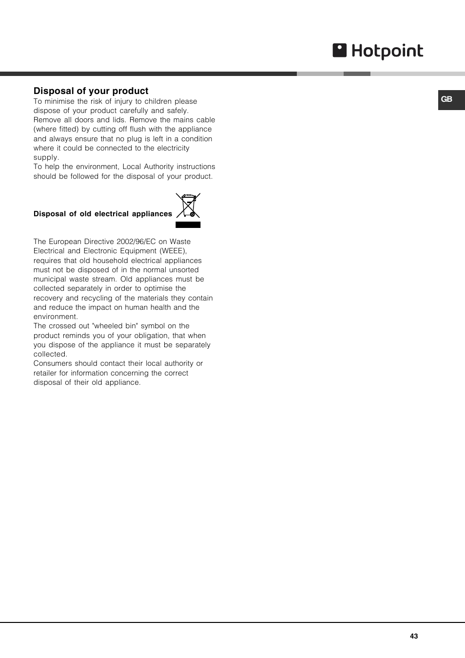 Hotpoint DE47X1 User Manual | Page 43 / 48