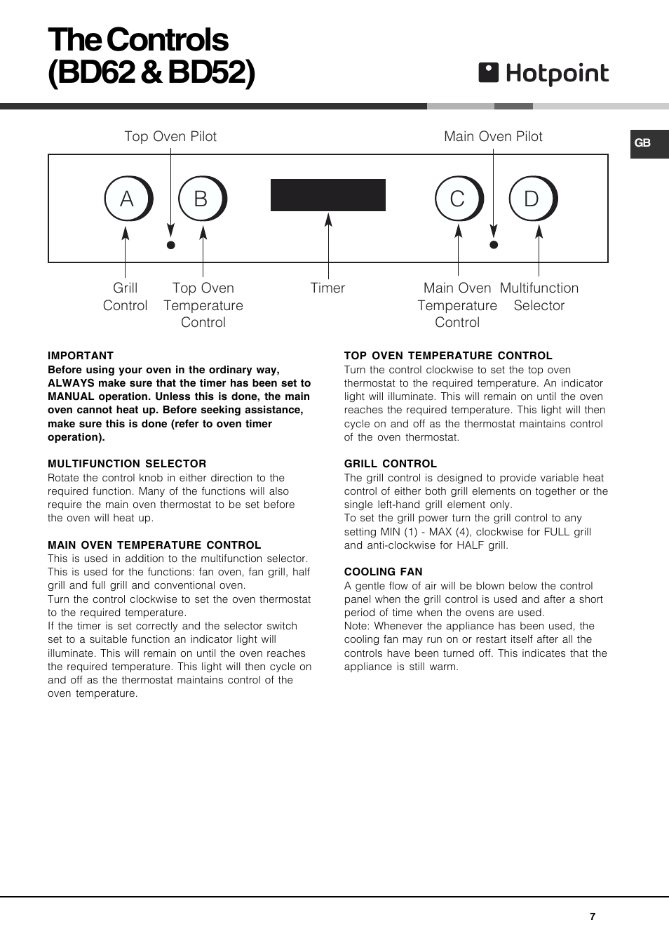 The controls (bd62 & bd52), Ab c d | Hotpoint DE47X1 User Manual | Page 7 / 48