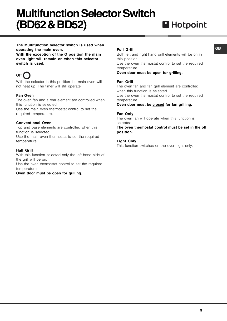 Multifunction selector switch (bd62 & bd52) | Hotpoint DE47X1 User Manual | Page 9 / 48