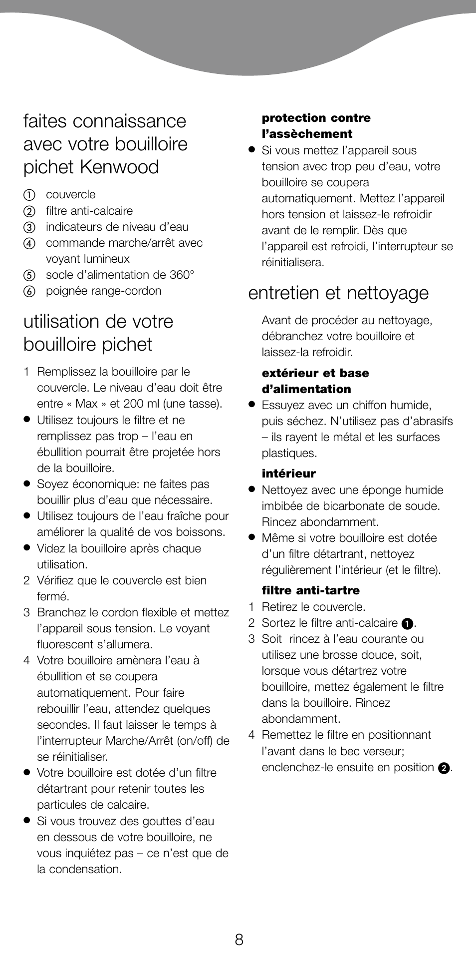 Utilisation de votre bouilloire pichet, Entretien et nettoyage | Kenwood SJ900 User Manual | Page 11 / 48