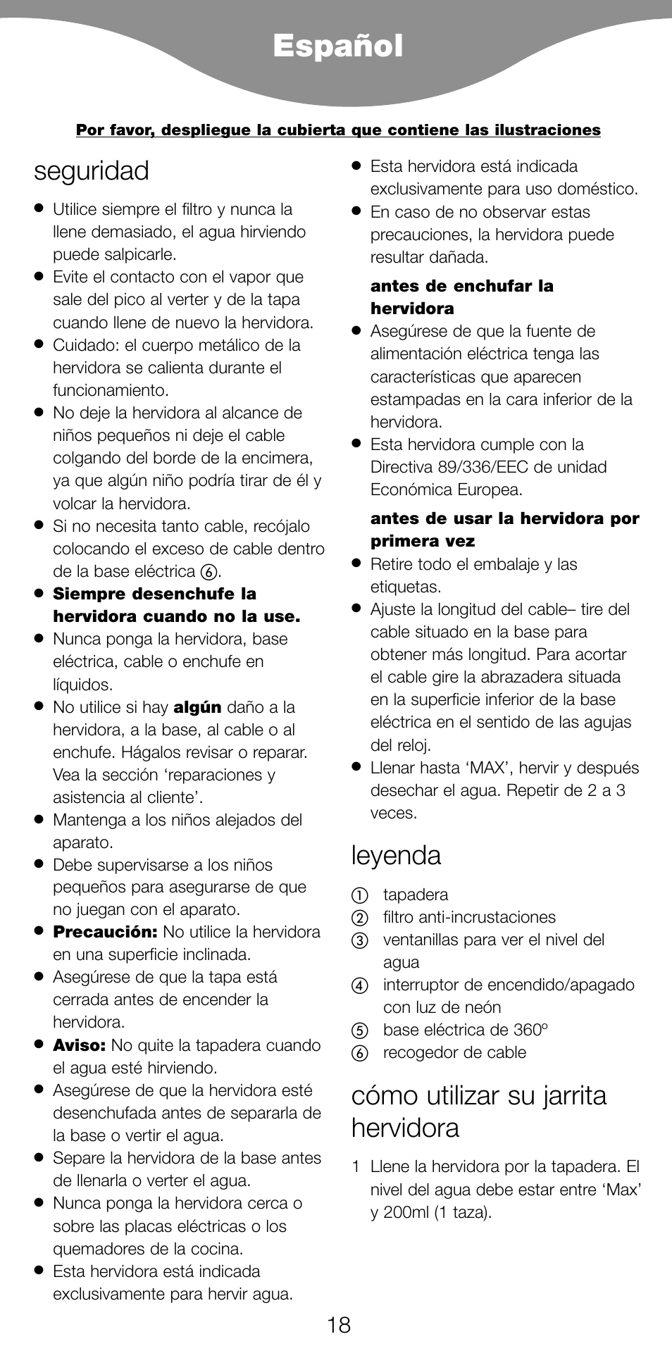 Español, Seguridad, Leyenda | Cómo utilizar su jarrita hervidora | Kenwood SJ900 User Manual | Page 21 / 48