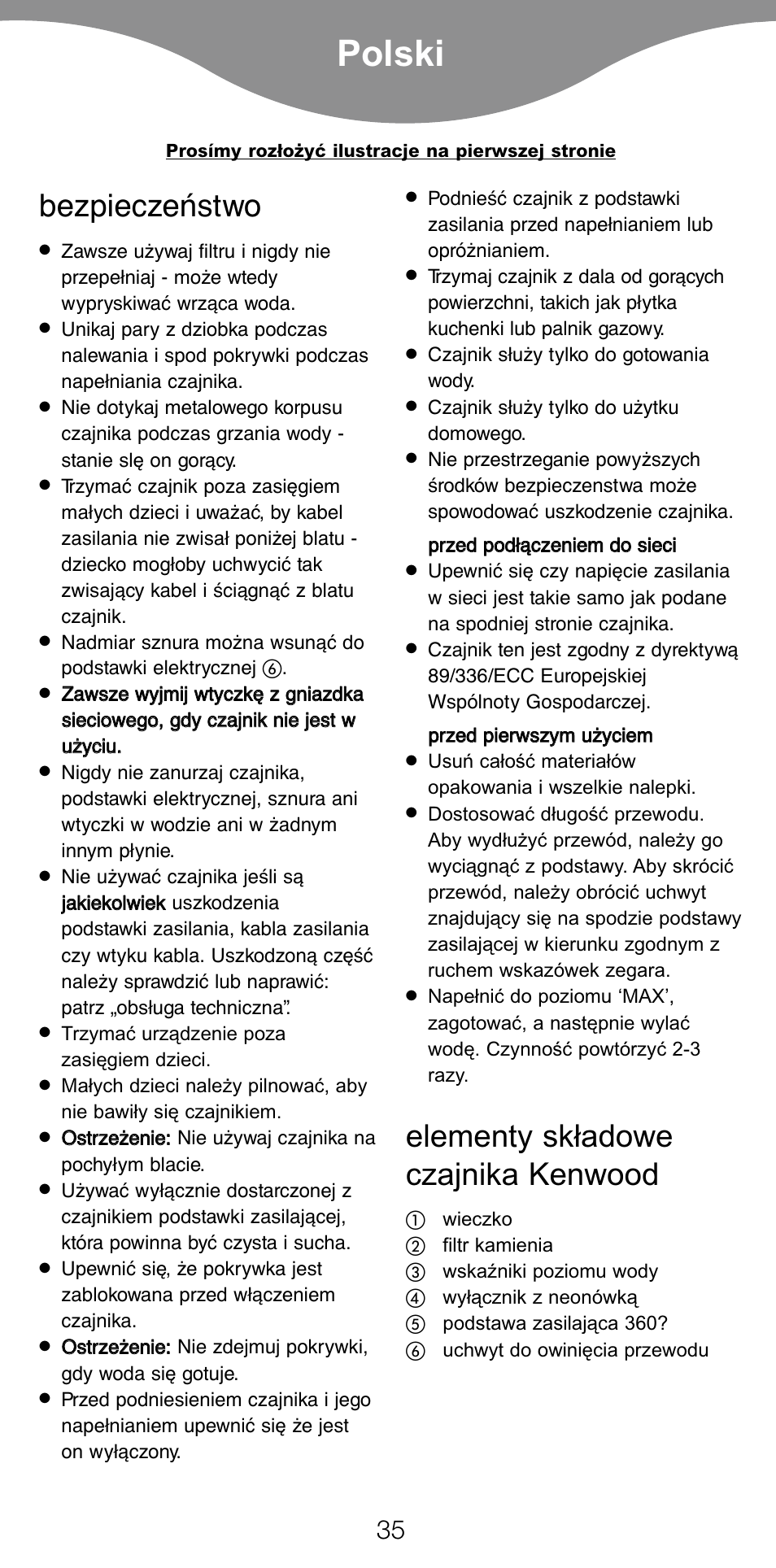 Polski, Bezpieczeństwo, Elementy składowe czajnika kenwood | Kenwood SJ900 User Manual | Page 38 / 48