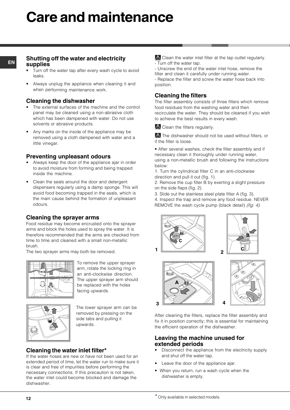 Care and maintenance, Shutting off the water and electricity supplies, Cleaning the dishwasher | Preventing unpleasant odours, Cleaning the sprayer arms, Cleaning the water inlet filter, Cleaning the filters, Leaving the machine unused for extended periods | Hotpoint LFT 321 User Manual | Page 12 / 20
