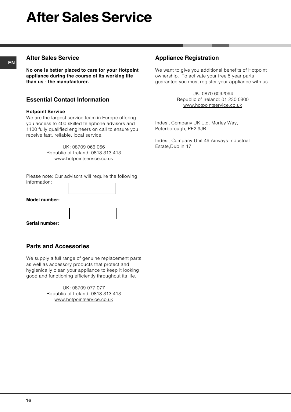 After sales service | Hotpoint LFT 321 User Manual | Page 16 / 20