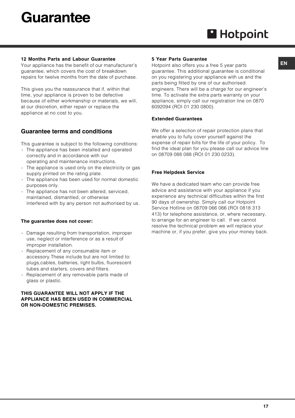 Guarantee, Guarantee terms and conditions | Hotpoint LFT 321 User Manual | Page 17 / 20