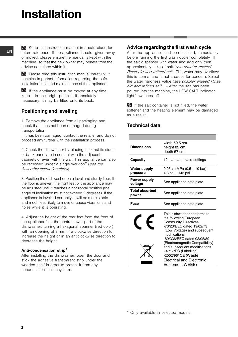 Installation, Positioning and levelling, Advice regarding the first wash cycle | Technical data | Hotpoint LFT 321 User Manual | Page 2 / 20