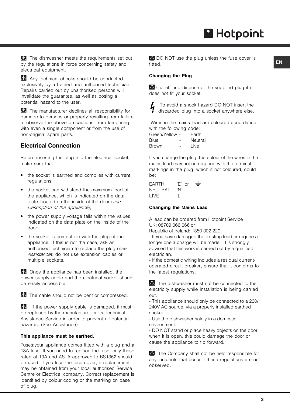 Electrical connection | Hotpoint LFT 321 User Manual | Page 3 / 20